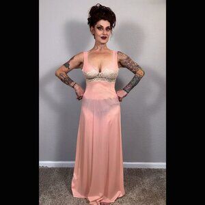 50s Peach Glydons Sheer Lace Maxi Nightgown Boudoir Slip Dress Lingerie XS S